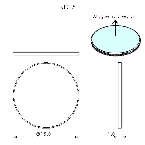 N52 Neodymium magnet disc: 15mm OD x 1mm T - schematic