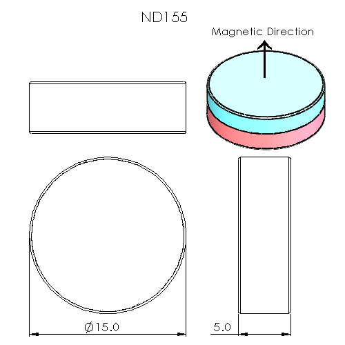 N52 Neodymium magnet disc: 15mm OD x 5mm T - schematic
