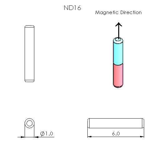 N52 Neodymium magnet cylinder : 1mm OD x 6mm H