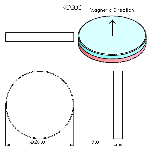 N52 Neodymium magnet disc: 20mm OD x 3mm T - schematic