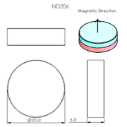 N52 Neodymium magnet disc: 20mm OD x 6mm T - schematic