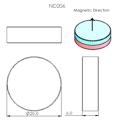 N52 Neodymium magnet disc: 20mm OD x 6mm T - schematic