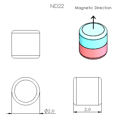 N52 Neodymium magnet cylinder: 2mm OD x 2mm H