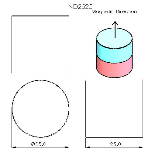 N52 Neodymium magnet cylinder: 25mm OD x 25mm T
