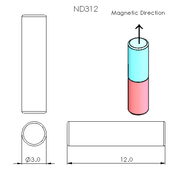 N52 Neodymium magnet cylinder : 3mm OD x 12mm T - schematic