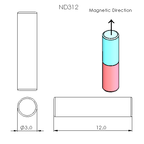 N52 Neodymium magnet cylinder : 3mm OD x 12mm T - schematic