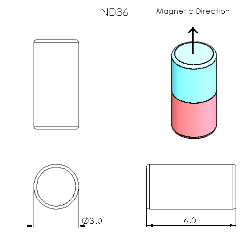 N52 Neodymium magnet cylinder : 3mm OD x 6mm H