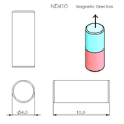 N52 Neodymium magnet cylinder: 4mm OD x 10mm T - schematic