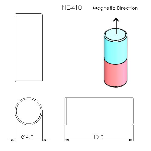 N52 Neodymium magnet cylinder: 4mm OD x 10mm T - schematic