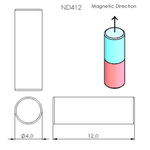 N52 Neodymium magnet cylinder : 4mm x 12mm T - schematic