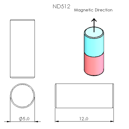 N52 Neodymium magnet cylinder : 5mm OD x 12mm H