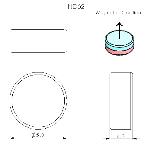N52 Neodymium magnet disc : 5mm OD x 2mm T - schematic