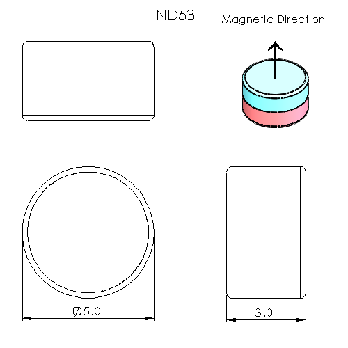 N52 Neodymium magnet disc : 5mm OD x 3mm T - schematic