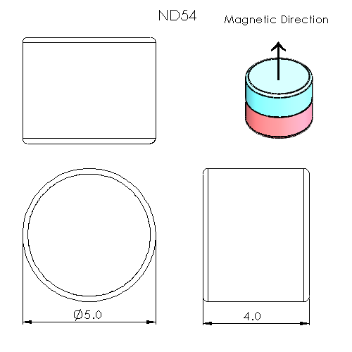 N52 Neodymium magnet disc : 5mm OD x 4mm T - schematic