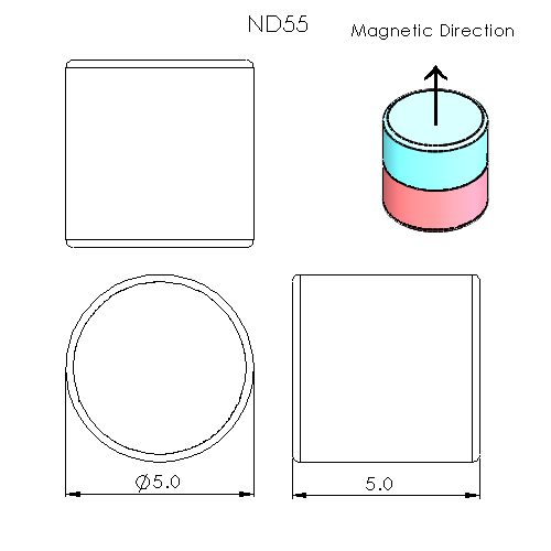 N52 Neodymium magnet disc : 5mm OD x 5mm T - schematic