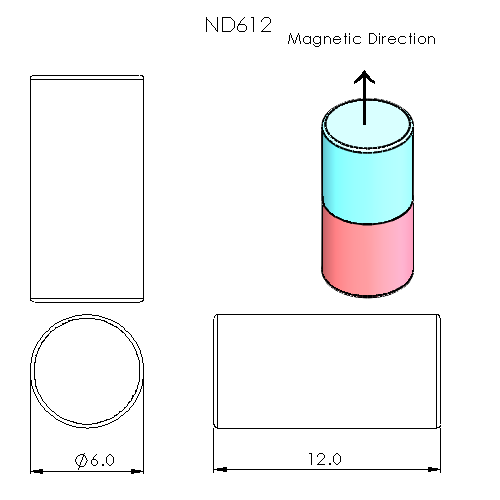 N52 Neodymium magnet cylinder : 6mm OD x 12mm H
