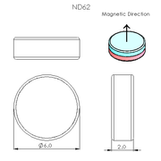 N52 Neodymium magnet disc : 6mm OD x 2mm T - schematic
