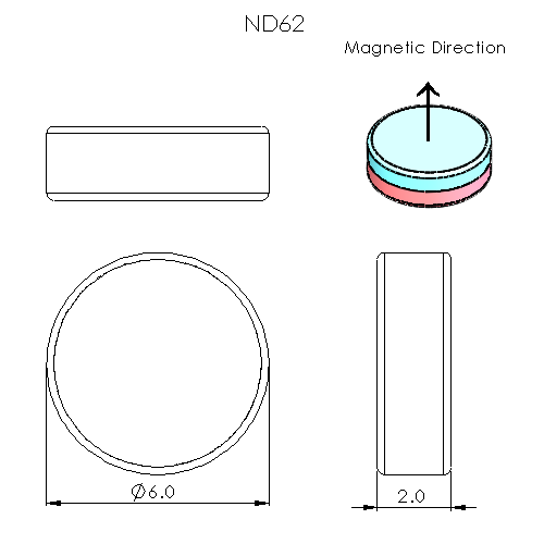 N52 Neodymium magnet disc : 6mm OD x 2mm T - schematic