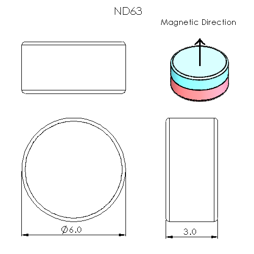 N52 Neodymium magnet disc : 6mm OD x 3mm T - schematic