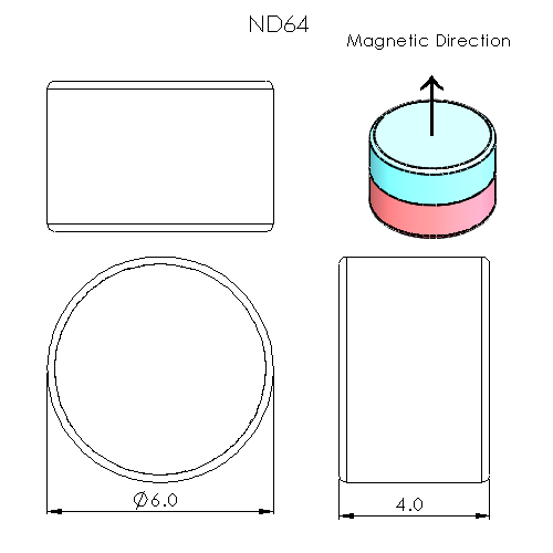 N52 Neodymium magnet disc : 6mm OD x 4mm T - schematic