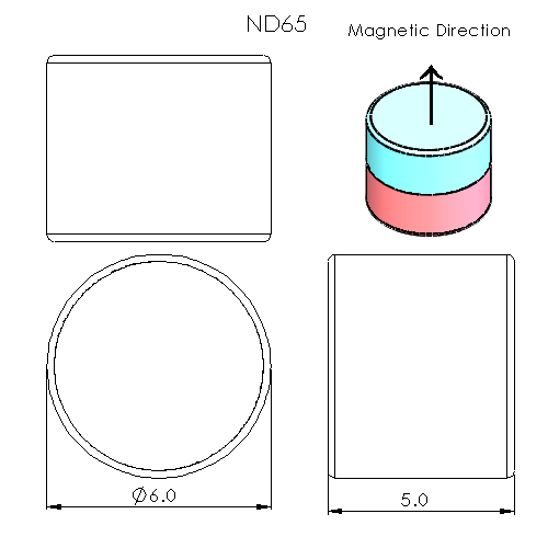 N52 Neodymium magnet disc : 6mm OD x 5mm T - schematic