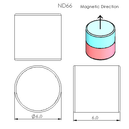 N52 Neodymium magnet disc : 6mm OD x 6mm T - schematic