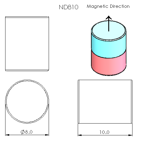 N52 Neodymium magnet cylinder : 8mm OD x 10mm H