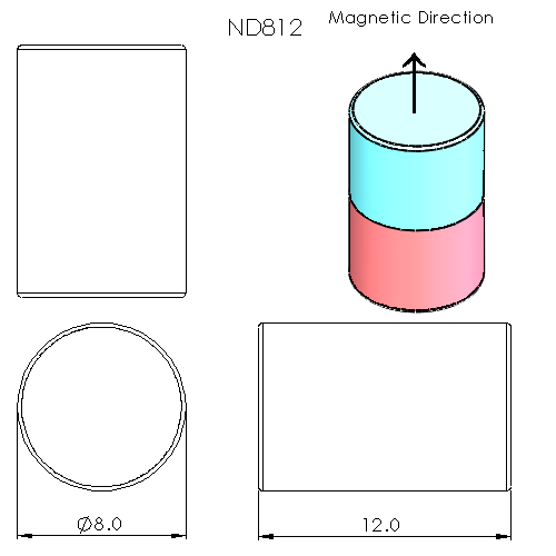 N52 Neodymium magnet cylinder : 8mm OD x 12mm H