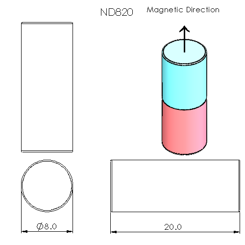 N52 Neodymium magnet cylinder : 8mm OD x 20mm H
