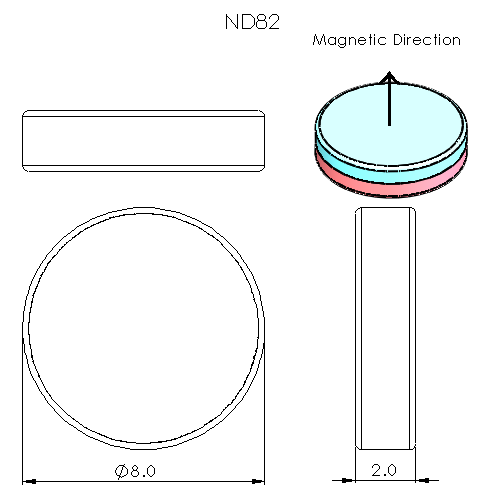 N52 Neodymium magnet disc : 8mm OD x 2mm T- schematic