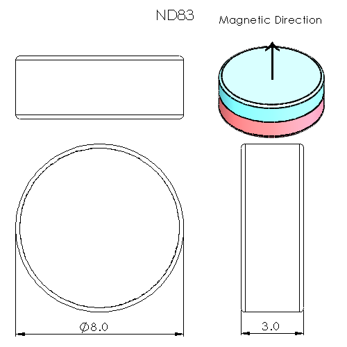 N52 Neodymium magnet disc : 8mm OD x 3mm T - schematic