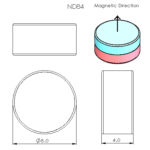 N52 Neodymium magnet disc : 8mm OD x 4mm T - schematic