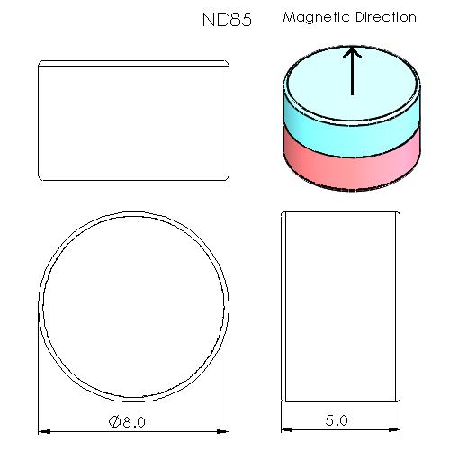 N52 Neodymium magnet disc : 8mm OD x 5mm T - schematic