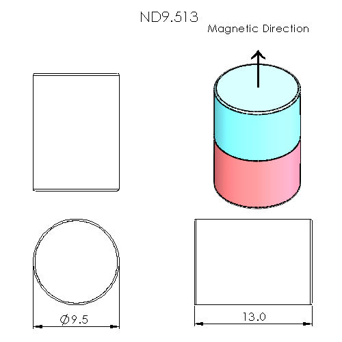 N52 Neodymium magnet cylinder : 9.5mm OD x 13mm H