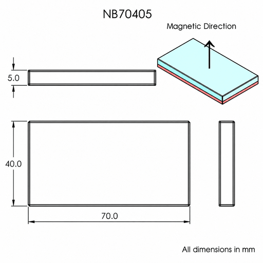 N45 Neodymium Magnet Block 70mm L x 40mm W x 5mm H - Schematic Diagram - The Quaint Magnet Shop of Supreme Magnets