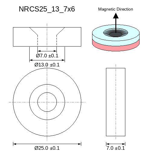 N45SH Neodymium countersunk ring magnet : 25mm OD x 13mm large ID x 7mm small ID x 6mm H - The Quaint Magnet Shop of Supreme Magnets