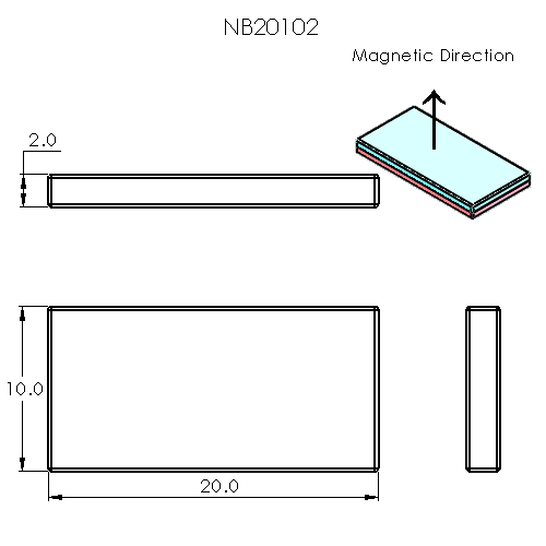 N52 Rare Earth Magnet Block 20mm L x 10mm W x 2mm H - Schematic Diagram - The Quaint Magnet Shop of Supreme Magnets