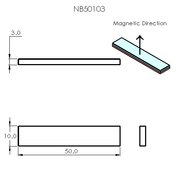 N52 Rare Earth Magnet Block 50mm L x 10mm W x 3mm H - Schematic Diagram - The Quaint Magnet Shop of Supreme Magnets