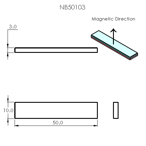 N52 Rare Earth Magnet Block 50mm L x 10mm W x 3mm H - Schematic Diagram - The Quaint Magnet Shop of Supreme Magnets