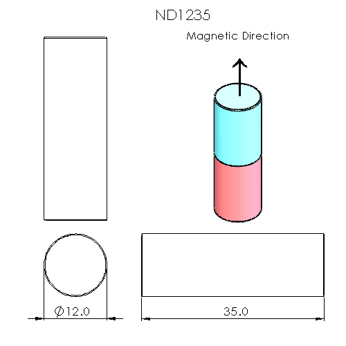 N52 Neodymium magnet cylinder : 12mm OD x 35mm H - The Quaint Magnet Shop of Supreme Magnets