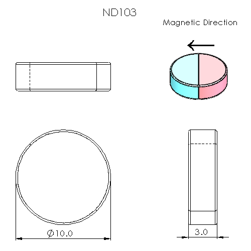 N52 Neodymium magnet disc : 10mm OD x 3mm H, Mag thru 10mm - The Quaint Magnet Shop of Supreme Magnets