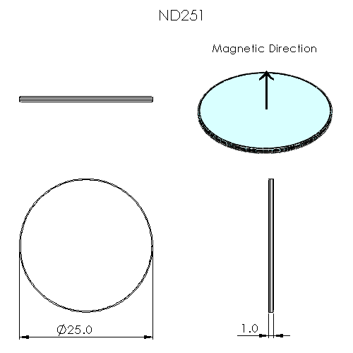 Rare Earth N52 Neodymium Magnet Disc 25mm OD x 1mm H - Schematic Diagram- The Quaint Magnet Shop of Supreme Magnets